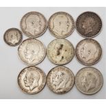 Great Britain: A collection of silver coins, to include: George IV:1829 silver shilling, Edward VII: