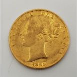 An 1865 Victoria "Young head" gold sovereign, rev. shield, die no 1.