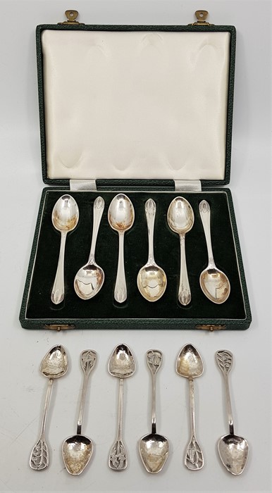 A set of six silver teaspoons, by C J Vander Ltd, Sheffield 1964, cast with leaf form terminal and