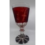 A large 19th cent Bohemian glass goblet , the bowl finely wheel cut depicting a Game bird