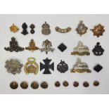 A collection of military and civil badges, together with three silver bladed fruit knives, buttons