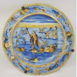 A large 19th century Madilica charger, depicting Poseidon and mythical sea creatures, diameter