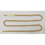 An Italian 18ct. gold flat curb link chain, having engraved links, with indentity bar to one end,
