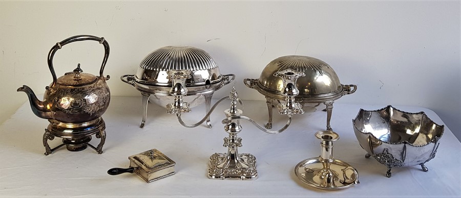 A collection of silver plated table and flatware, to include: Kettle on stand with burner,