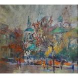A Russian school , "Autumn in the town square", oil on canvas, inscribed in Cyrillic verso, 54cm x