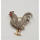 A precious yellow and white metal, cloisonne enamel and rose cut diamond set "cockerel" brooch,