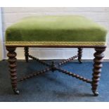 A Victorian walnut parlor stool with tapering bobbin support with brass castors. 51cm square