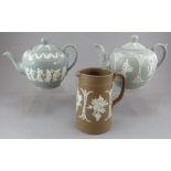 Three late nineteenth century sprig moulded wares, c. 1880. To include a Dudson jug decorated with