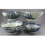 A group of late eighteenth century hand-painted blue and white bowls, c. 1790-1800. All four painted