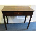 A George III oak single drawer side table (former tea table) with squared supports. 85cm wide