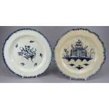 Two late eighteenth century hand-painted blue and white pearlware shell edge plates, c. 1790-1800.