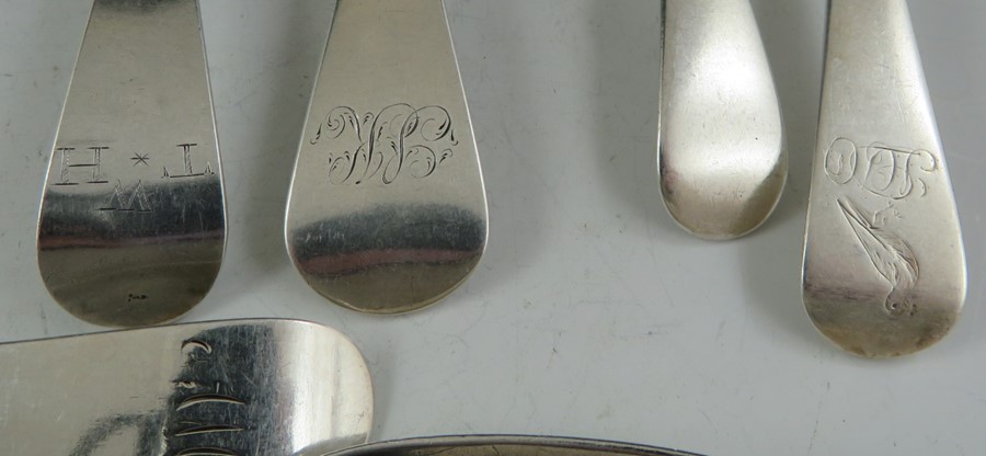 A composite set of mostly 19th century, English silver, soup spoons of various design, date and - Image 2 of 3