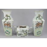 Two late nineteenth century porcelain Chinese vases and a similar teapot c. 1890-1900. The vases are