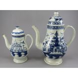 Two late eighteenth century hand-painted blue and white pearlware coffeepots, c. 1790-1800. They