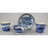 A group of late eighteenth century blue and white transfer-printed Trench Mortar Newhall tea