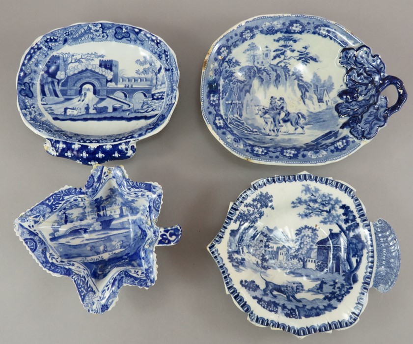 A group of four nineteenth century blue and white transfer-printed pickle dishes, c.1820. To