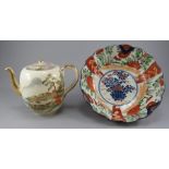 A late nineteenth century Japanese Satsuma ware teapot and cover a coloured Japanese bowl, c. 1890-