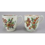 Two late eighteenth century Pennington, Liverpool hand-painted in colours floral design coffee cups,