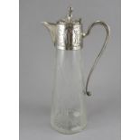 A silver plate mounted cut glass conical claret ewer with auricular loop handle and acorn finial to