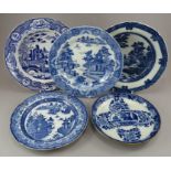 A group of early nineteenth century blue and white transfer-printed plates, c.1800-20. To include: a