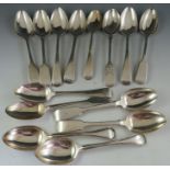 A mixed collection of mostly 19th silver desert spoons, including "fiddle, fiddle and thread and Old
