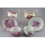 A group of early nineteenth century puce bat printed porcelain tea wares, c. 1810-20 To include: a a
