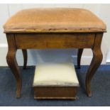 An Edwardian lift up lid piano stool with shaped supports, 52cm wide. Together with an upholstered