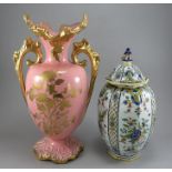 A European faience jar and cover and a late Victorian pink glaze twin handled vase with gilt