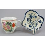 Two mid-eighteenth century Bow porcelain pieces c. 1760-65. To include: a blue and white leaf-shaped