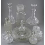 A collection of cut glass and and crystal to include ships decanters, confectionary jar and other
