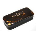 A Victorian tortoiseshell snuff box with abalone shell florally decorated hinged cover. 8.5 cms.