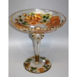 A large circa 1940's cut glass tazza, gilt painted with marigolds, on a domed foot. 39 cms.