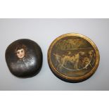 An early 19th, Stobwasser type papier mache circular snuff  box painted with fox hounds in a