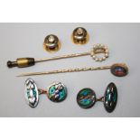 A pair of Portuguese single stone diamond set collar studs, an opal stick pin, a seed pearl set