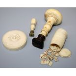 A 19th century possibly prisoner of war workbone barrel containg miniature dominoes. Together with