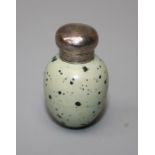 Saunders and Shepherd, a silver mounted egg shape porcelain scent bottle with speckled decoration on