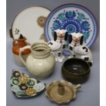 A German porcelain caberet tea tray, a studio pottery chamberstick, an Ann Gibbard pottery bowl, a