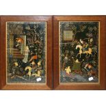 A pair of Persian Qajar painted leather book boards, each decorated with figures in a landscape 35 x