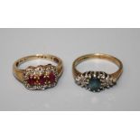 A 9ct ruby and diamond ring and a ring set blur stone and diamonds (2)