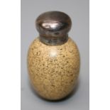 Saunders and Shepherd, a silver mounted egg shape porcelain scent bottle with speckled decoration on