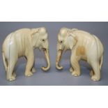 Two late 19th / early 20th century Indian carved ivory elephants, each modelled walking with