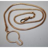 A snake link watch chain, with suspensory button clip and single clip sprung clasp marked 9ct,