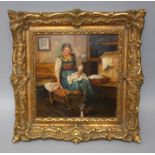 19th century Continental school, a mother tending to laundry beside an infant in a cradle. Oil on