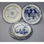 A collection of 18th century moulded bordered pearlware plates painted with psuedo oriental