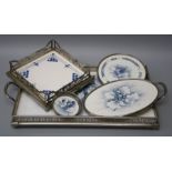 A 20th century Continental white metal gallery tray with cherry decorated ceramic insert together