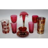 A collection of Victorian/Edwardian emerald cranberry and ruby bowled wine glasses with clear
