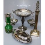 An Edwardian silver plated "Corinthian" column table lamp. 47cm high. Together with a silver