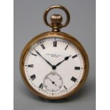 A 9ct gold open pocket watch, white enamel dial, Roman numerals and subsidiary seconds at six o'