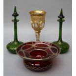 An Edwardian ruby glass spittoon form vase with tooled silver elctrotyped overlay. Together with a