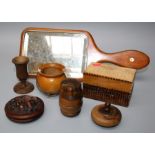 Severn pieces of treen including an olive wood barrel, mauchline cauldron, poker work box, hand